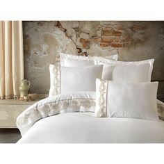 Комплект постельного белья из кружевного гипюра и хлопкового атласа - Жемчужно-кремовый Dantela