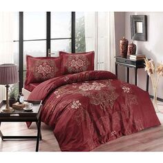 Двойной атласный Комплект постельного белья Tac Florian, бордовый красный Taç