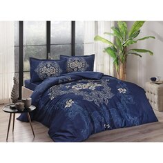 Комплект постельного белья Tac из хлопка и атласа Florian, темно-синий, двойной Taç