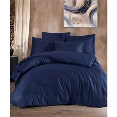 Комплект постельного белья Varol из эластичного хлопка в полоску - темно-синий
