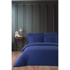 Комплект постельного белья Varol из эластичного хлопка в полоску - темно-синий