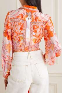 CAMILLA Укороченная рубашка из шелкового атласа с принтом и кристаллами, завязками спереди, апельсин