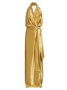 Женственное шелковое атласное платье с запахом на бретелях Frederick Anderson, золотой