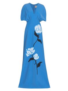 Платье с короткими рукавами и цветочной аппликацией Lela Rose, синий