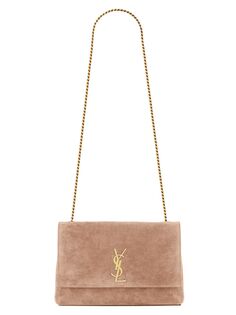 Двусторонняя сумка на цепочке Kate среднего размера из блестящей кожи и замши Saint Laurent, песочный