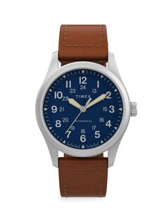 Часы с механическим ручным заводом в сине-коричневой коже 38 мм Timex, коричневый