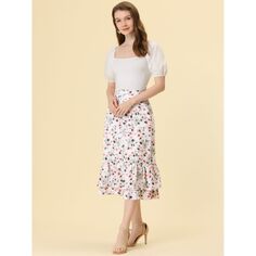 Женская юбка-миди с эластичной резинкой на талии и оборками на талии с цветочным принтом ALLEGRA K