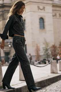 Прямые укороченные джинсы z1975 с завышенной талией и бисером ZARA, черный