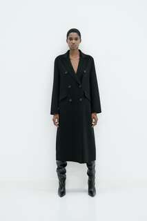 Длинное двубортное пальто из смесовой шерсти ZARA, черный