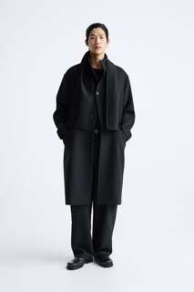 Длинное пальто из смесовой шерсти ZARA, черный