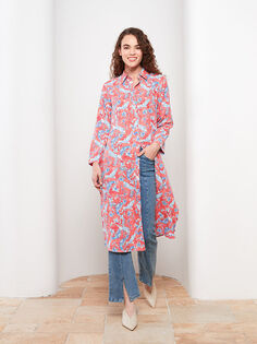 Рубашка с цветочным принтом и длинными рукавами, кожаная куртка, Женская туника LCW Modest