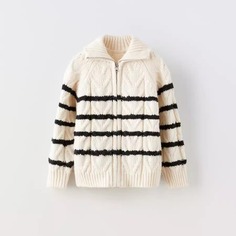 Свитер ZARA Long Sleeve Striped, бежевый/черный