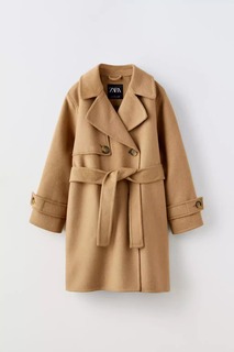 Пальто ZARA Long Wool Blend Trench, светло-коричневый