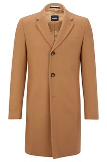 Пальто облегающего кроя из смесовой шерсти и натуральной шерсти BOSS, коричневый