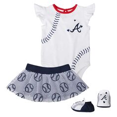 Белый/темно-синий комплект для девочек-младенцев Atlanta Braves Sweet Spot, боди из трех предметов, юбка и пинетки Outerstuff