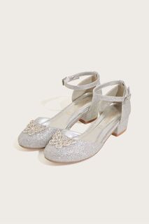 Туфли-двойки серебристого цвета с бабочками и блестящим каблуком Monsoon, серебряный