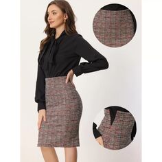 Клетчатая твидовая юбка для женщин, повседневные офисные юбки-карандаш с разрезом и завышенной талией ALLEGRA K