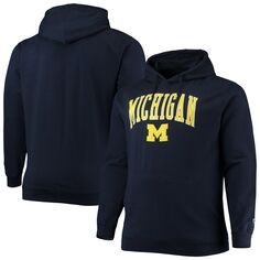 Мужской темно-синий пуловер с капюшоном Michigan Wolverines Big &amp; Tall Arch Over Logo Powerblend Champion
