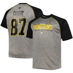 Мужская футболка с логотипом Sidney Crosby Heather Grey/Black Pittsburgh Penguins Big &amp; Tall Contrast реглан с именем и номером Fanatics