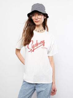 Хлопковая женская футболка с круглым вырезом и буквенным принтом с коротким рукавом LCW Casual