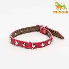 Ошейник кожаный двухслойный со стразами, 1,2 х 35 см, ош 20-30 см, розовый Пижон