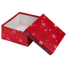 Коробки коробка упаковочная квадрат Новогодние снежинки на красном 19,5х19,5х11см