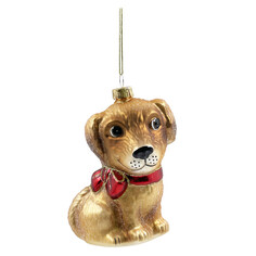 Игрушки елочные одиночные подвеска MAXIJOY Собака с бантиком 11,7см стекло золото