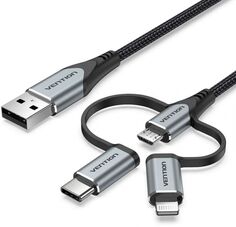 Кабель интерфейсный Vention CQJHF 3 в 1 USB 2.0 AM/Micro-B, USB-C, Lightning M - 1м. черный