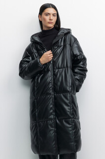 пальто женское Куртка стеганая удлиненная из экокожи с капюшоном Befree