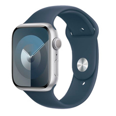 Apple Watch Series 9 + Cellular (корпус - серебристый, 45mm ремешок Sport Band штормовой синий, размер M/L)