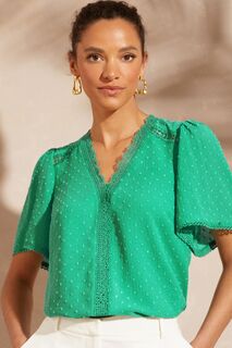 Блуза из ткани добби со струящимися рукавами и кружевной отделкой на V-образном вырезе Love &amp; Roses, зеленый