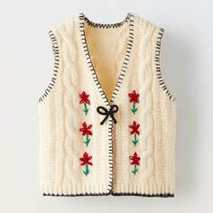 Жилет Zara Knit With Embroidered Flowers, кремовый/красный/зеленый