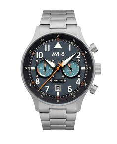 Мужские часы Hawker Hurricane Carey Dual Time Gutersloh серебристого цвета с браслетом из нержавеющей стали, 43 мм AVI-8