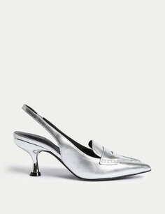 Кожаные туфли на маленьком каблуке с острым носком и пяткой на пятке Marks &amp; Spencer, серебро