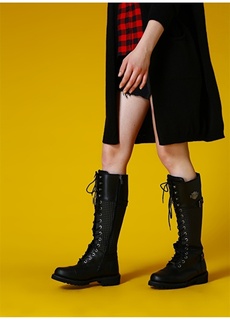 Кожаные длинные черные женские ботинки на плоской подошве с резиновой подошвой Harley Davidson