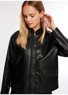 Черная женская широкая кожаная куртка с воротником Fabrika Comfort