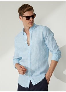 Мужская рубашка Slim Fit с воротником на пуговицах бирюзового и меланжевого цвета Beymen Business