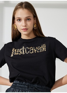 Черная женская футболка с круглым вырезом с принтом Just Cavalli
