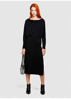 Черное женское платье с вырезом лодочкой и длинными рукавами Sisley