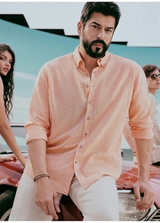 Оранжевая мужская рубашка Comfort Fit с воротником на пуговицах Altınyıldız Classic
