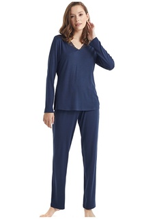 Однотонный женский пижамный комплект темно-синего цвета с V-образным вырезом Blackspade