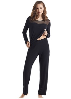Однотонный черный женский пижамный комплект с круглым воротником Blackspade