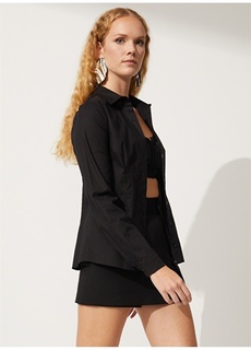 Однотонная черная женская рубашка с узким воротником People By Fabrika