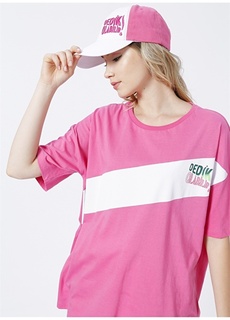 Розовая женская футболка с круглым вырезом и принтом Elidor X Boyner