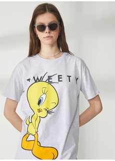 Серая меланжевая женская футболка оверсайз с принтом Looney Tunes Never Say Never