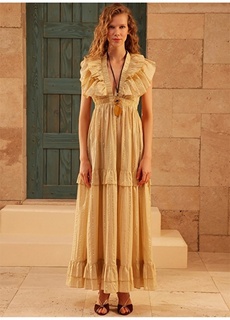 Бежевое женское летнее длинное платье в полоску с v-образным вырезом Yargıcı