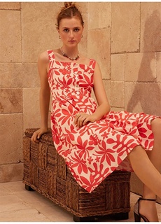 Бежево-Бордово-красное женское платье миди с квадратным воротником и узором Yargıcı