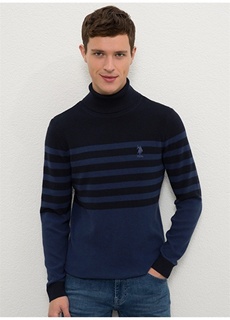 Темно-синий мужской свитер приталенного кроя с высоким воротником и узором U.S. Polo Assn.