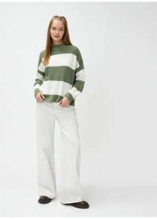 Белый/зеленый женский свитер с круглым вырезом Koton