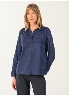 Однотонная темно-синяя женская блузка с рубашечным воротником NGSTYLE